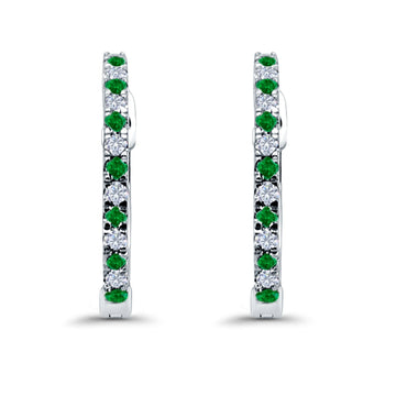 Hoop Earrings Half Eternity Round Simulated Green Emerald Cubic Zirconia 925 Sterling Silver (14mm)